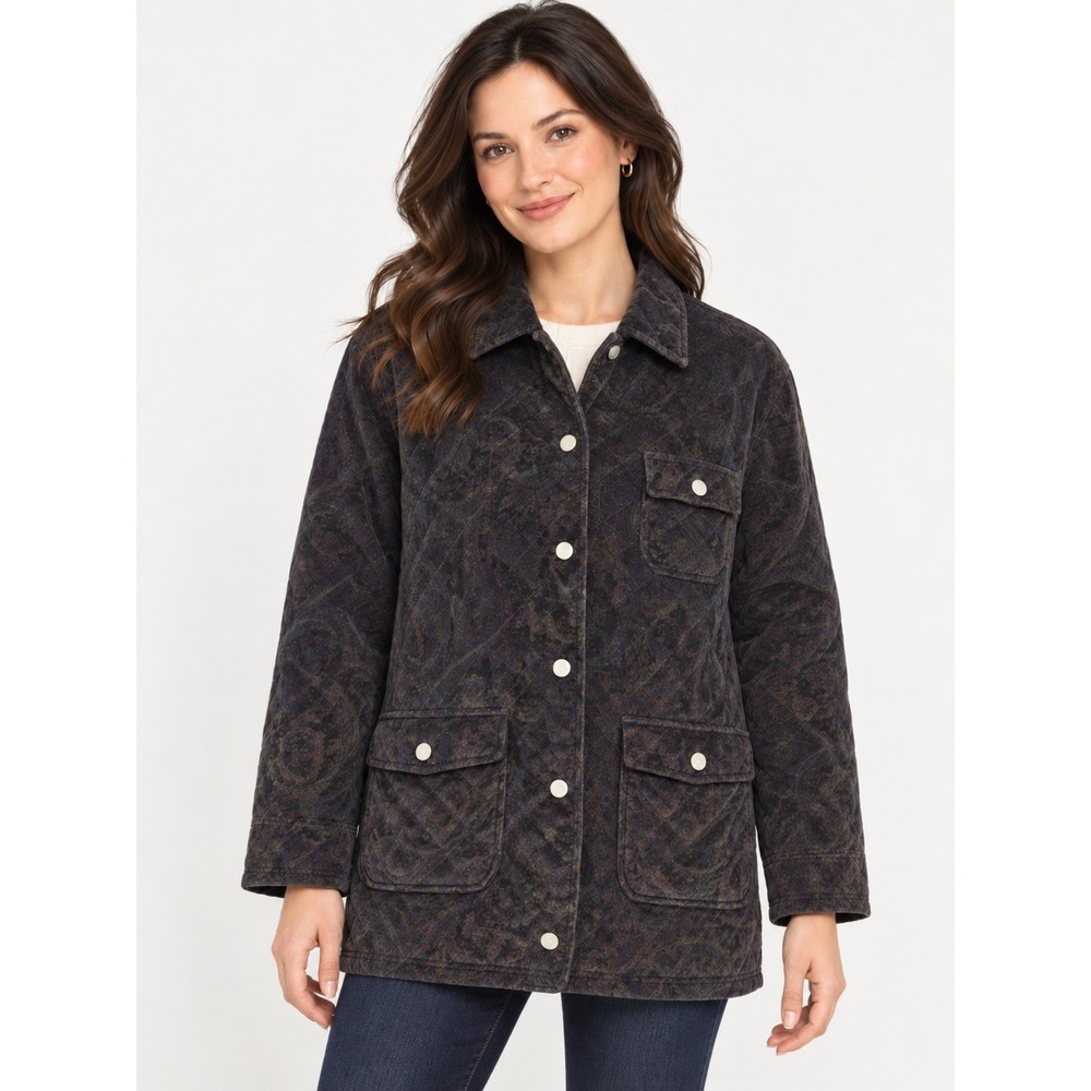 Vtg Jones New York Velvet Quilted Barn Jacket Women Petite Medium Black Paisley